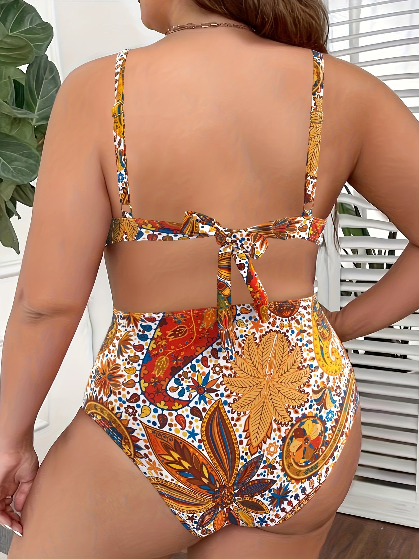 Boho Bikini Set Women's Plus Paisley Print Tie Back Bra & High Waist Panty