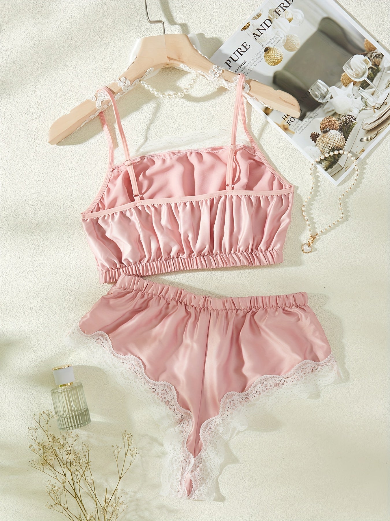 Lace Trim Pajama Set Sleeveless Cami Top & Shorts