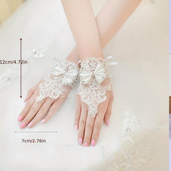 Bow Decor Embroidery Lace Short Gloves Wedding Bridal Fingerless Gloves