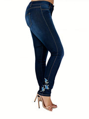 Floral Embroidery Skinny Jeans High Rise Denim Pants Women's Clothing