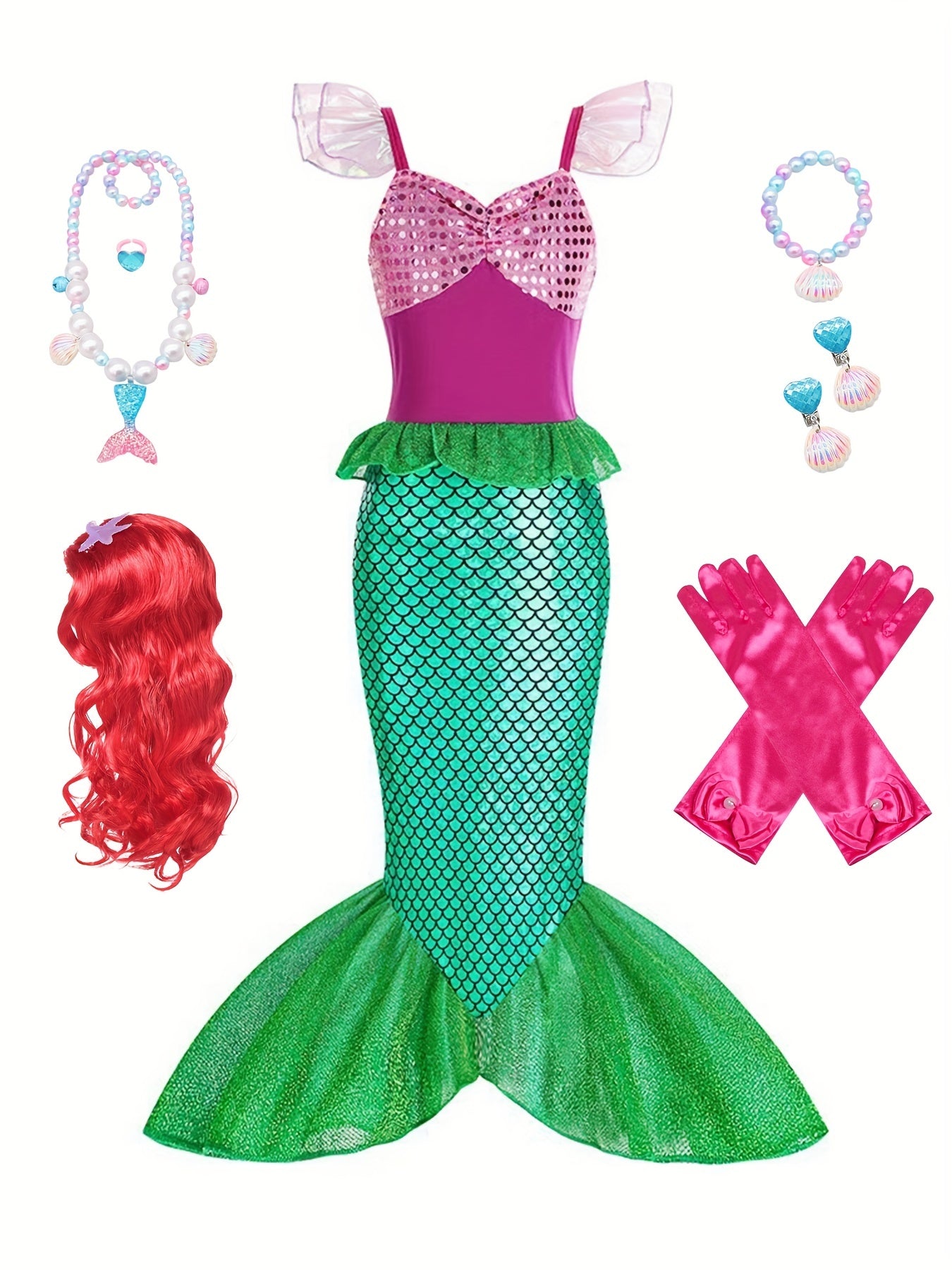 Mermaid Princess Dress with Accessories Fish Scale Print Camisole Dress