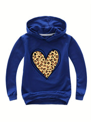 Leopard Print Heart Pattern Hooded Sweatshirt for Girls Sports