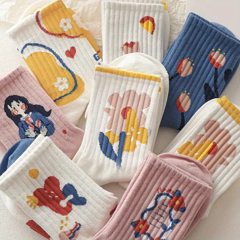 8 Pairs Cartoon Print Mid Tube Socks Women's Stockings