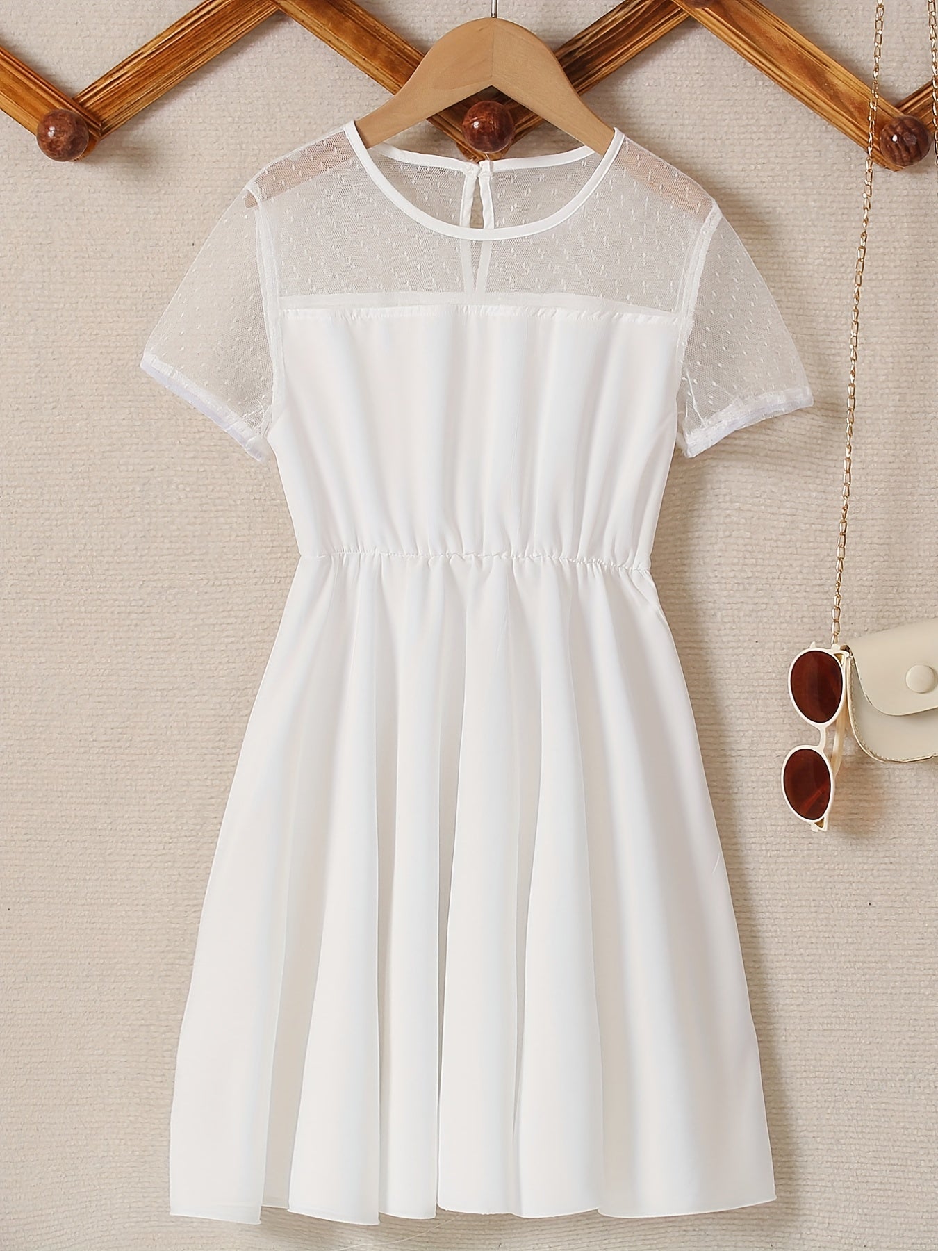 Girl's Contrast Mesh Short Sleeve A Line Dress For Party Beach Vacation