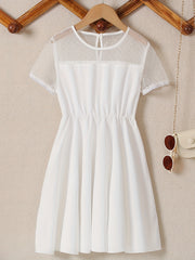 Girl's Contrast Mesh Short Sleeve A Line Dress For Party Beach Vacation