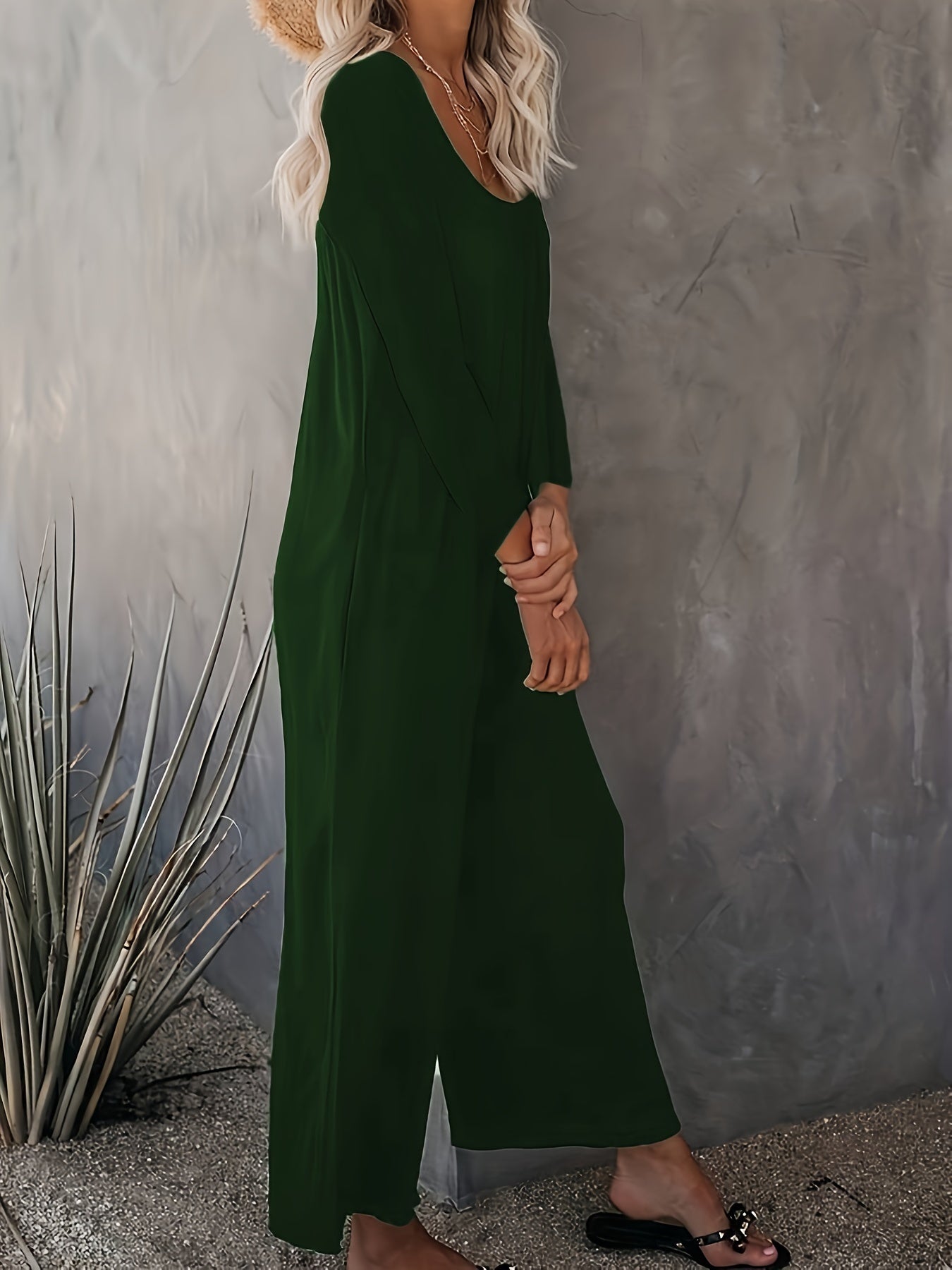 Casual Jumpsuit Solid Long Sleeve Wide Leg Jumpsuit With Pockets