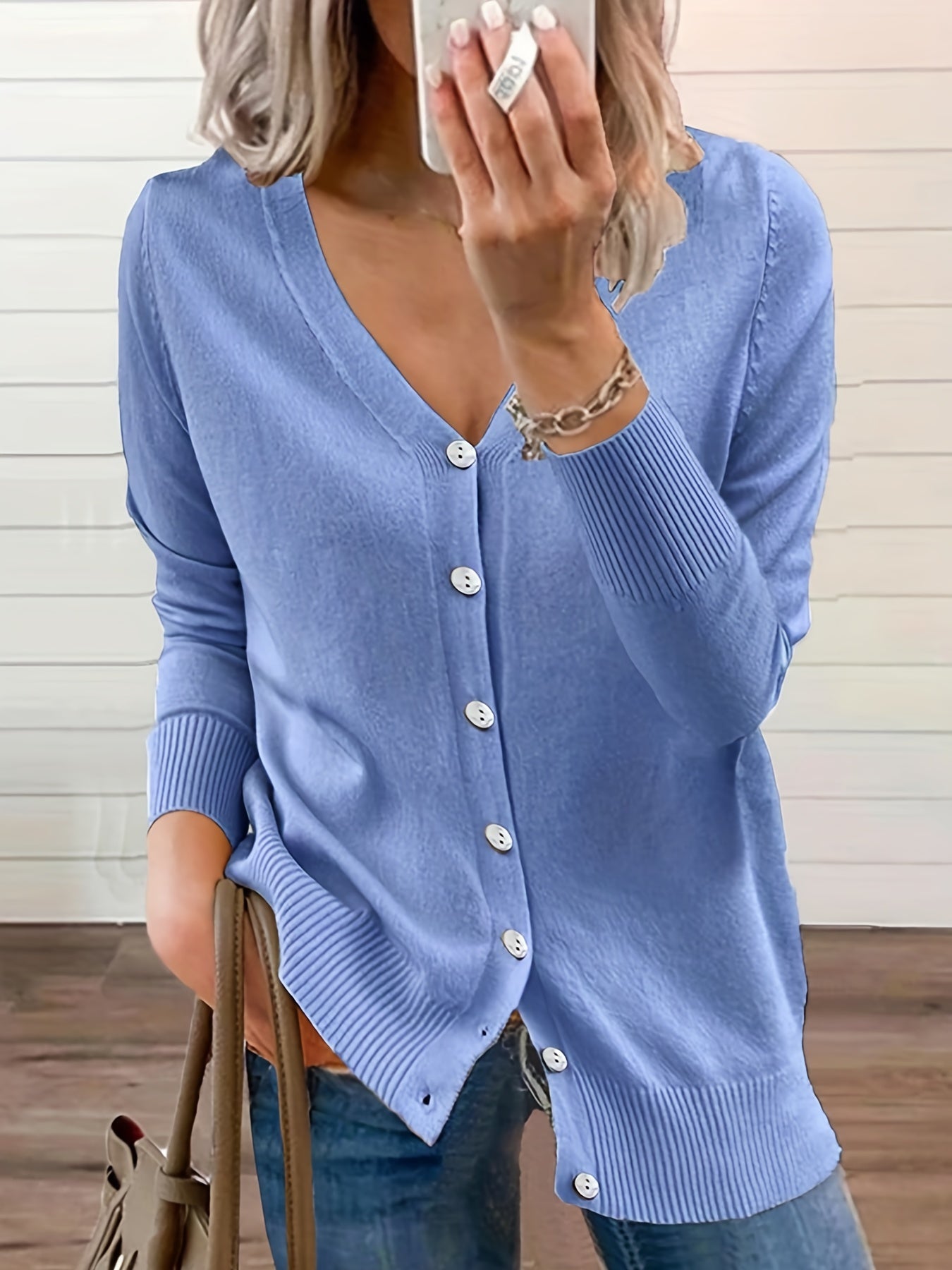 Solid V Neck Button Cardigan Long Sleeve Casual Cardigan