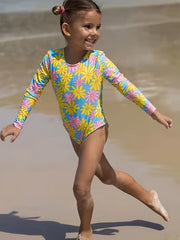 Flower Print Long Sleeve Swimsuit for Girls