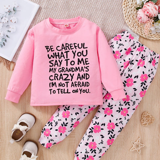 2pcs Girls Long Sleeve T Shirt BE CAREFUL WHAT Print Round Neck Tops