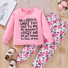 2pcs Girls Long Sleeve T Shirt BE CAREFUL WHAT Print Round Neck Tops