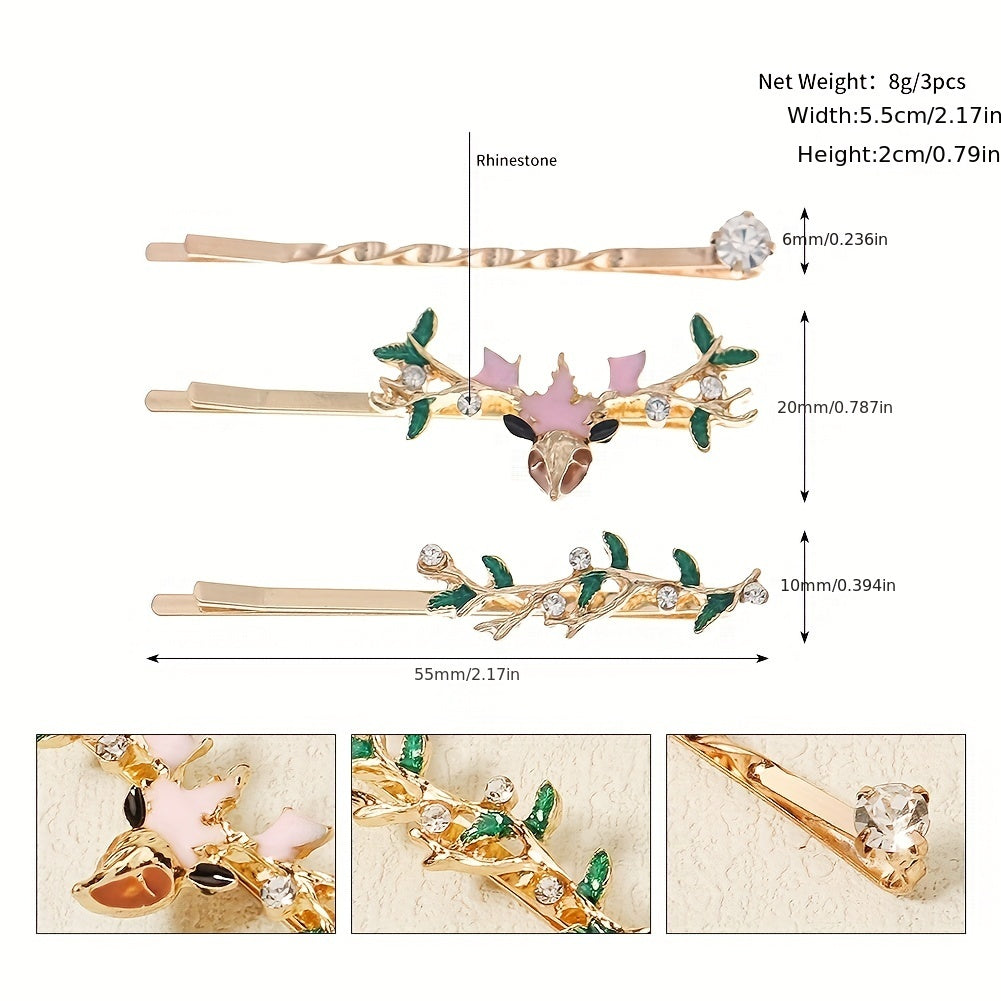 3pcs Crystal Bobby Pin Non slip Side Clip Floral Hair Accessories