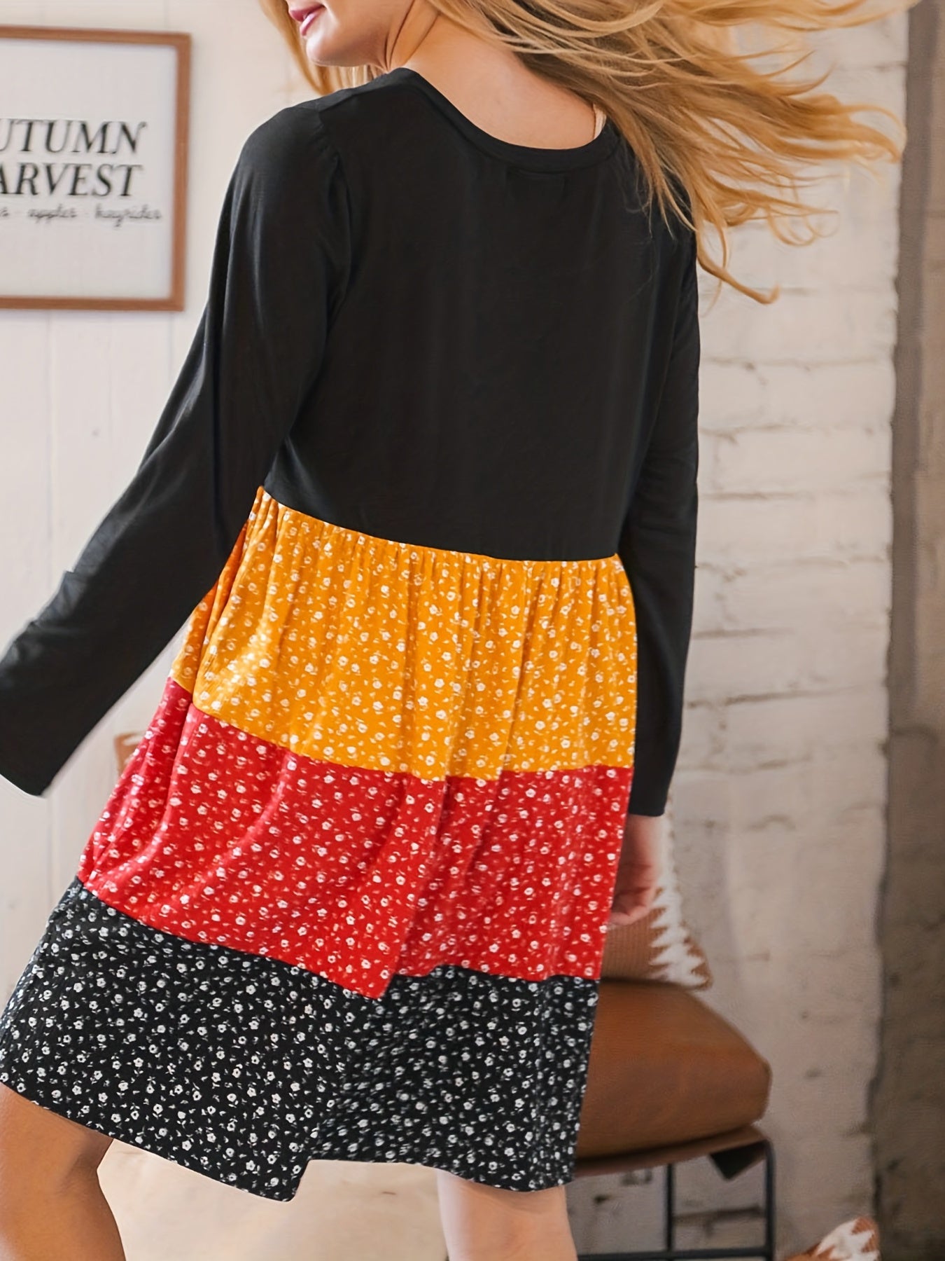 Floral Print Splicing Dress Long Sleeve