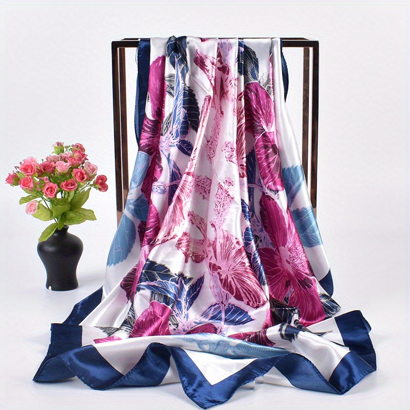 Vintage Flower Print Bandana Silky Shawl Square Scarf Woman Neckerchief