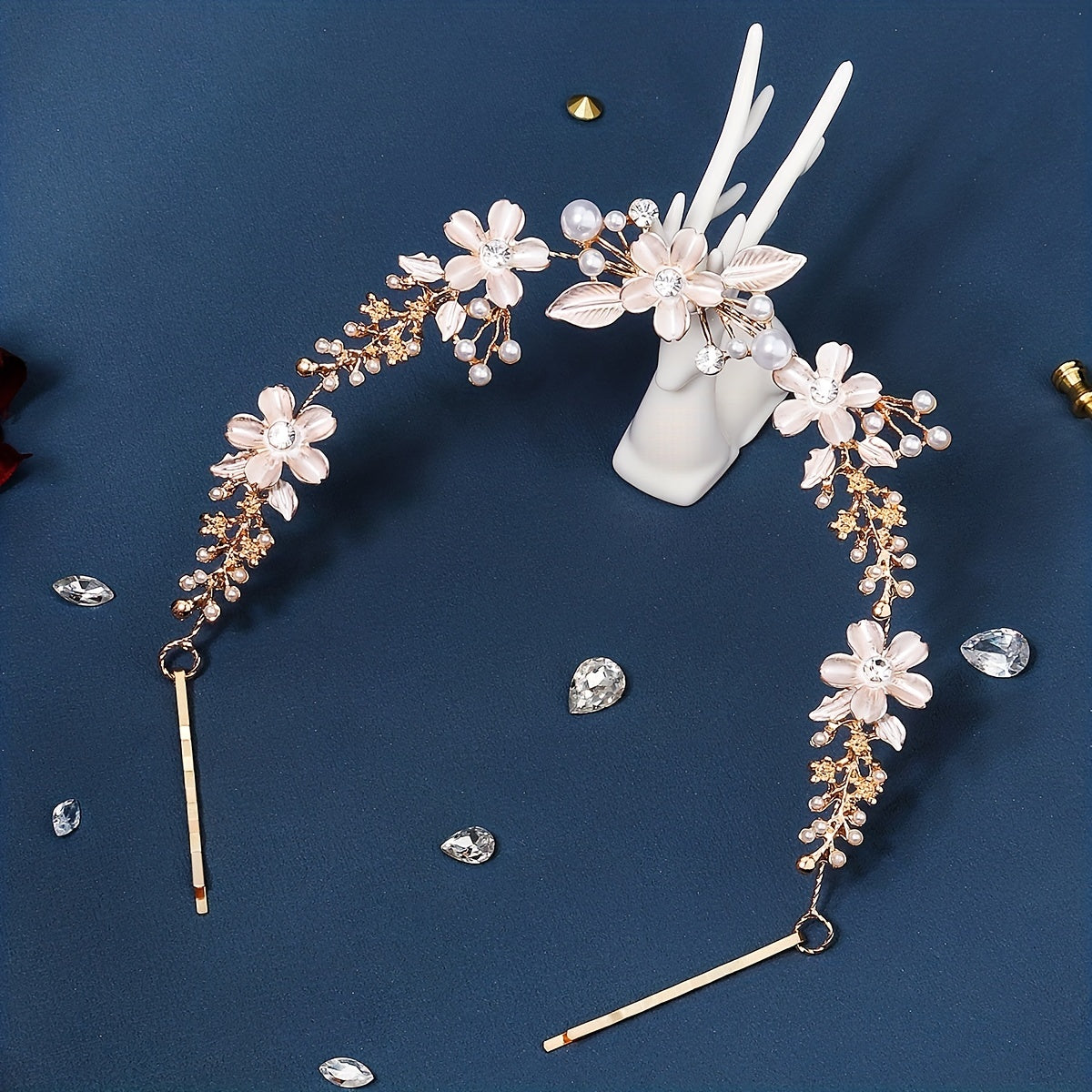Flower Charm Hair Clip Rhinestone Pearl Bridal Headband