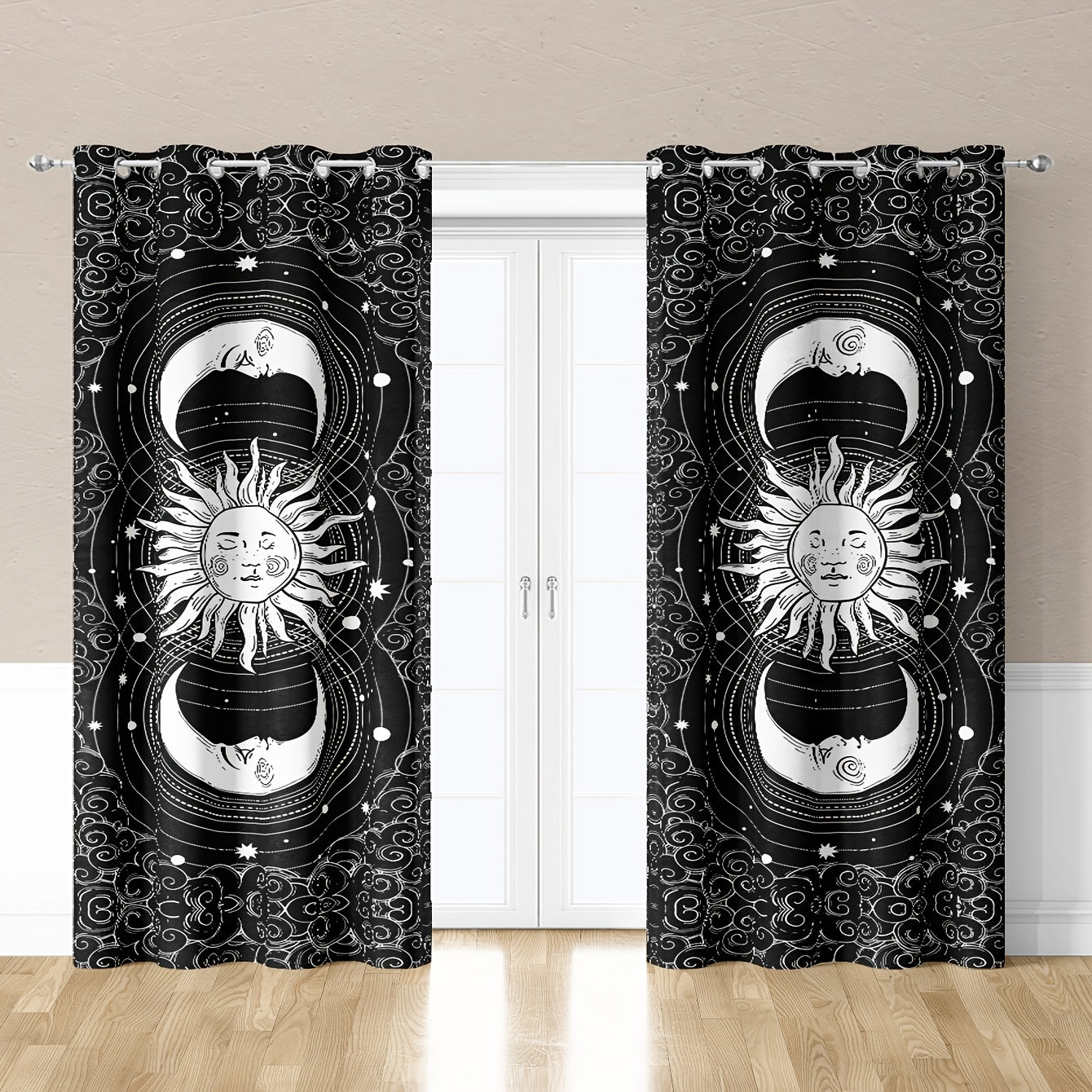 2pcs Sun Moon Print Curtain Window Curtain For Home Decoration