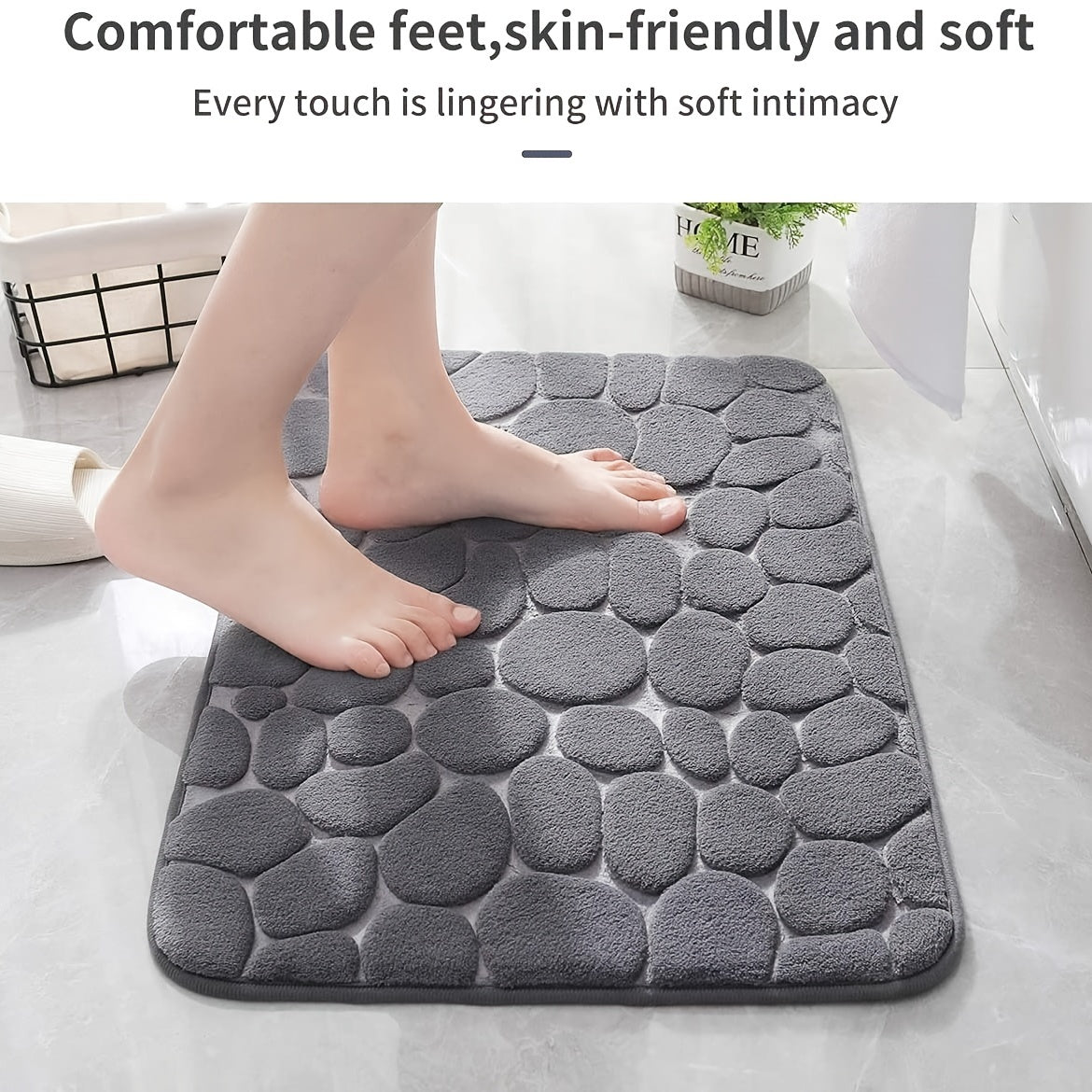 Grey Bath Floor Mat Non Slip Absorbent Rug Bathroom Carpet Stone Pattern