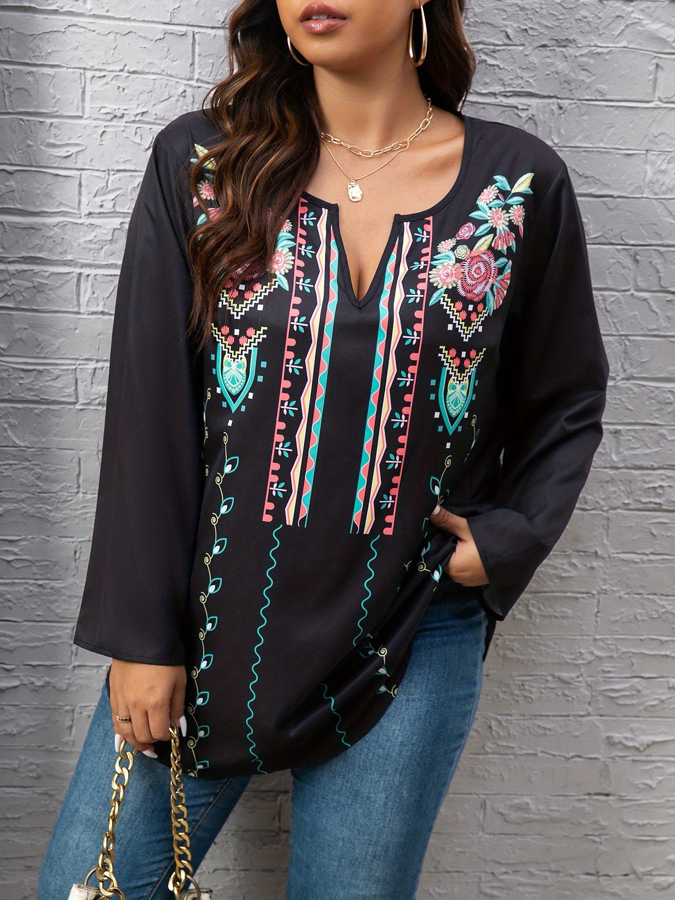 Floral Print Notched Neck Tunic Top