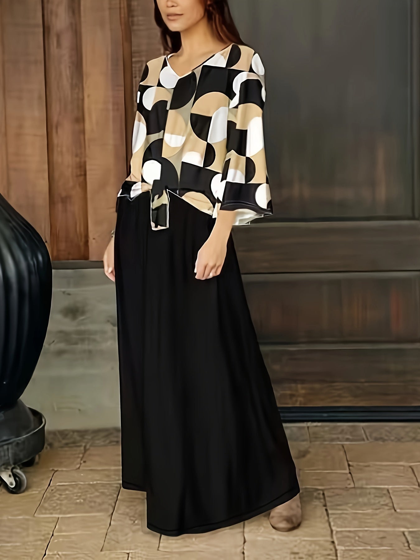 Plus Size Geometric Print Top & Wide Leg Pants Set