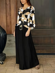 Plus Size Geometric Print Top & Wide Leg Pants Set