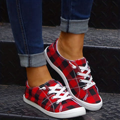 Red Plaid Canvas Shoes Lace Up Flat Sneakers Lightweight Low Top Shoes