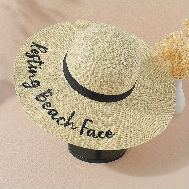 Resting Beach Face Sun Hat Embroidery Wide Brim Sunscreen Straw Hat