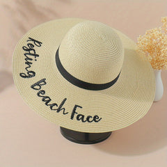 Resting Beach Face Sun Hat Embroidery Wide Brim Sunscreen Straw Hat
