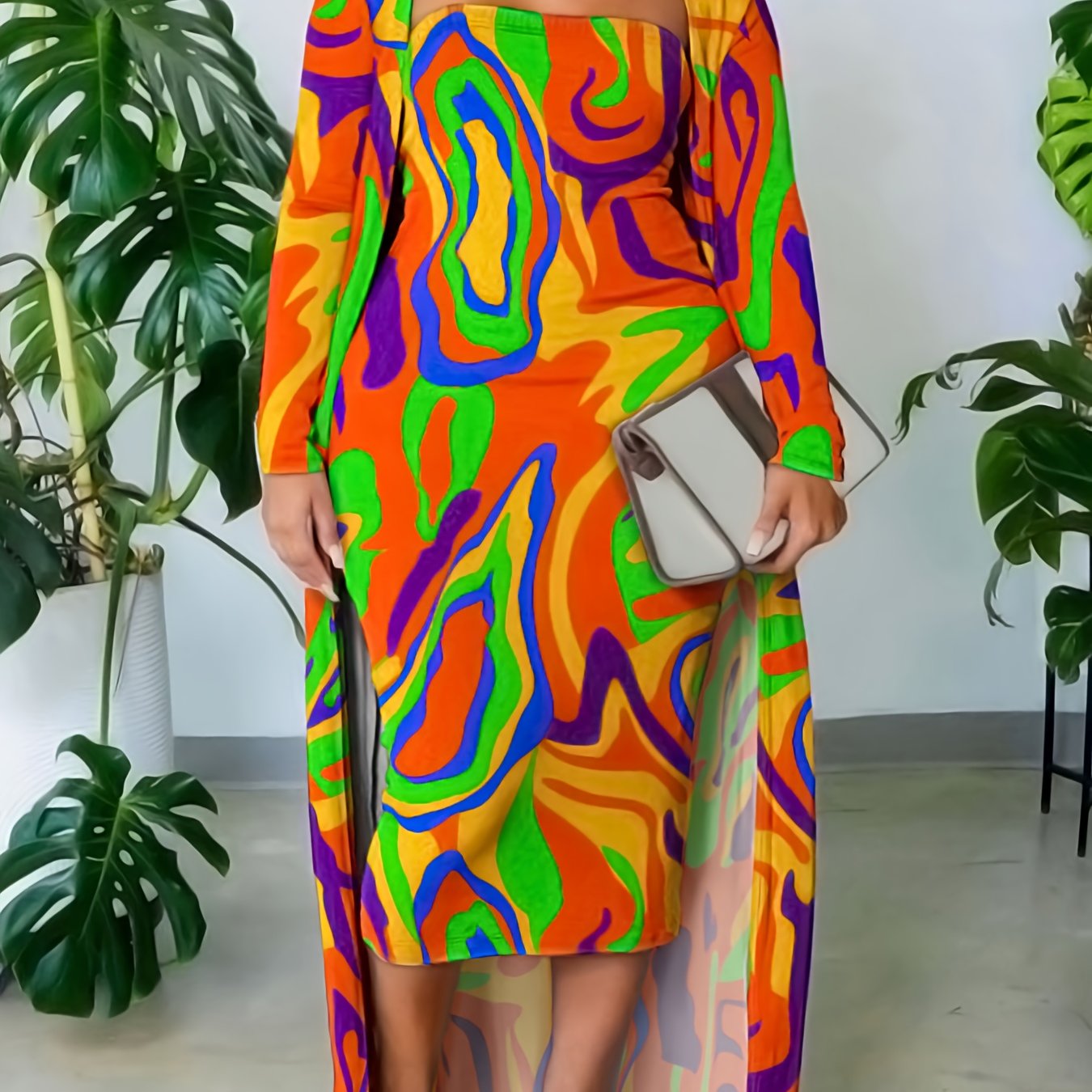 Women's Plus Tie Dye Tube Dress and Long Sleeve Coat Set