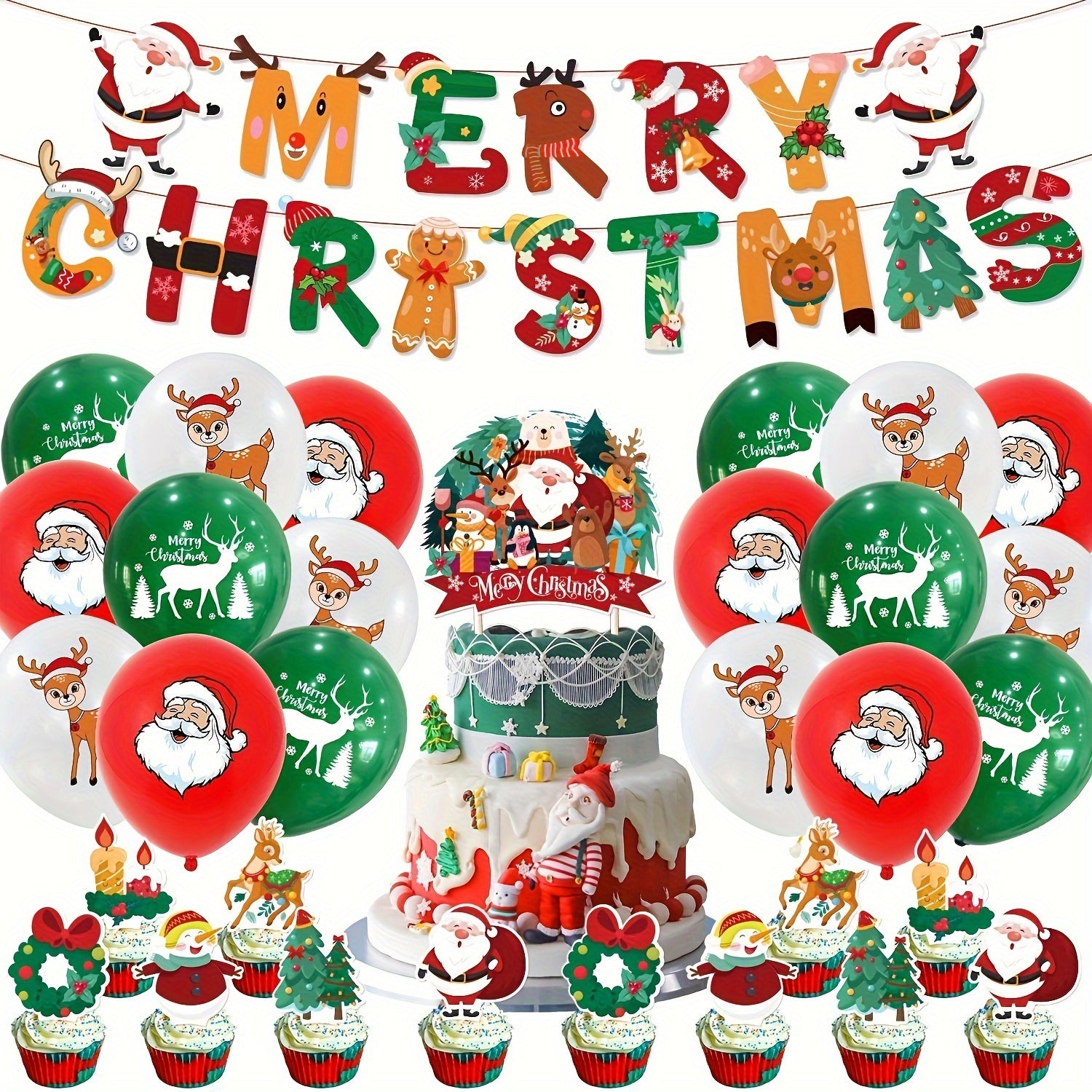 32pcs Merry Christmas Pull Flag Cake Balloon Party Decoration Set