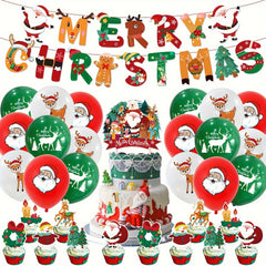32pcs Merry Christmas Pull Flag Cake Balloon Party Decoration Set