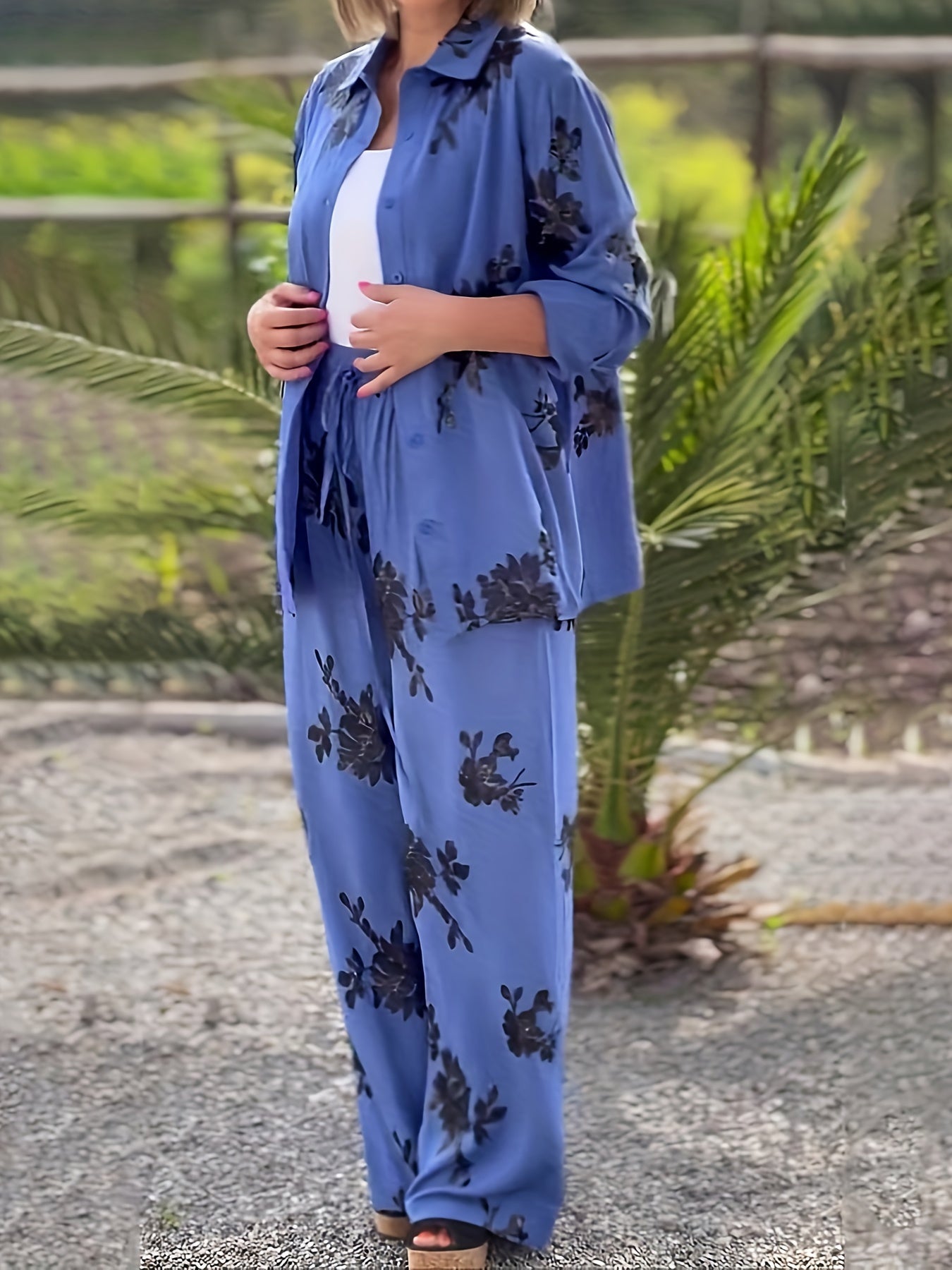 Women's Floral Print Blouse & Wide Leg Pants Set