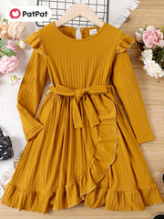 Kid Girls Ribbed Tiered A Line Dress With Belt