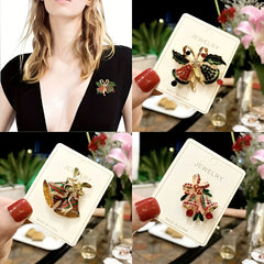 Christmas Bell Leaf Brooch Zircon Alloy Jewelry Corsage Holiday Party Gift