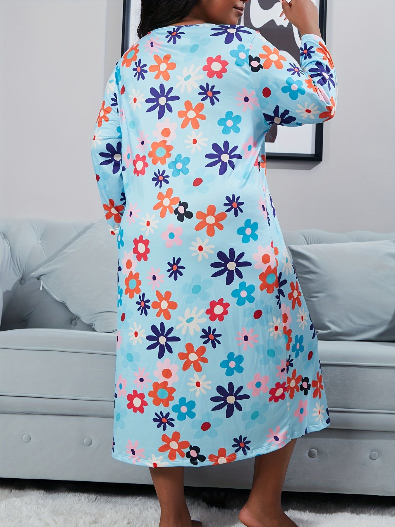 Nightdress Women's Plus Floral Print Long Sleeve Tie Neck High Stretch