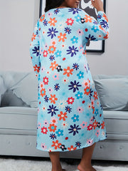 Nightdress Women's Plus Floral Print Long Sleeve Tie Neck High Stretch