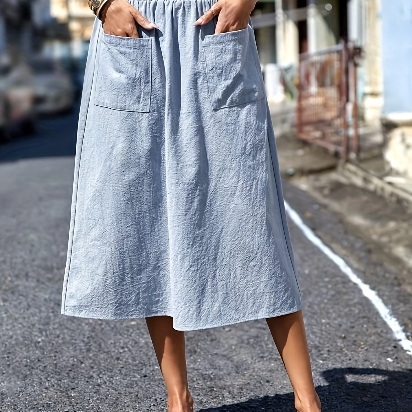 Casual Elastic Waist Midi Skirt with Pockets