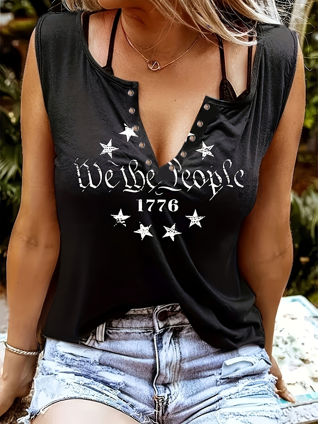 Letter & Stars Print Tank Top Sleeveless Crew Neck Tank