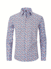 Men's Flower Print Formal Button Up Shirt with Chest Pocket
