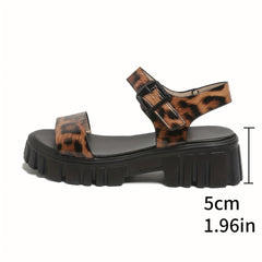 Leopard Pattern Faux Leather Sandals Thick Sole Lightweight Non Slip Beach Shoes