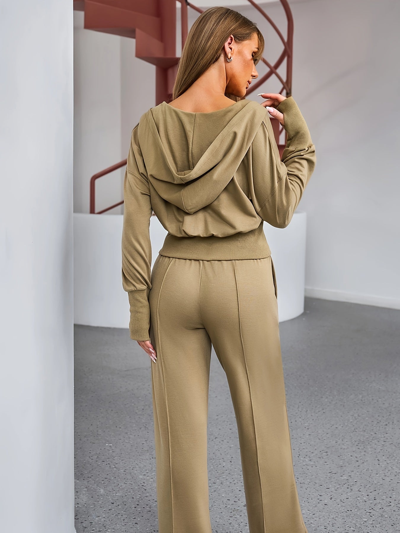 2pcs Women's Sports Set Zipper Hoodie & Wide Leg Pants Suit