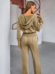 2pcs Women's Sports Set Zipper Hoodie & Wide Leg Pants Suit