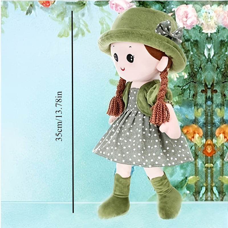 13in Plush Girl Doll with Braided Hair Red Outfit Expressive Eyes Cuddly Toy