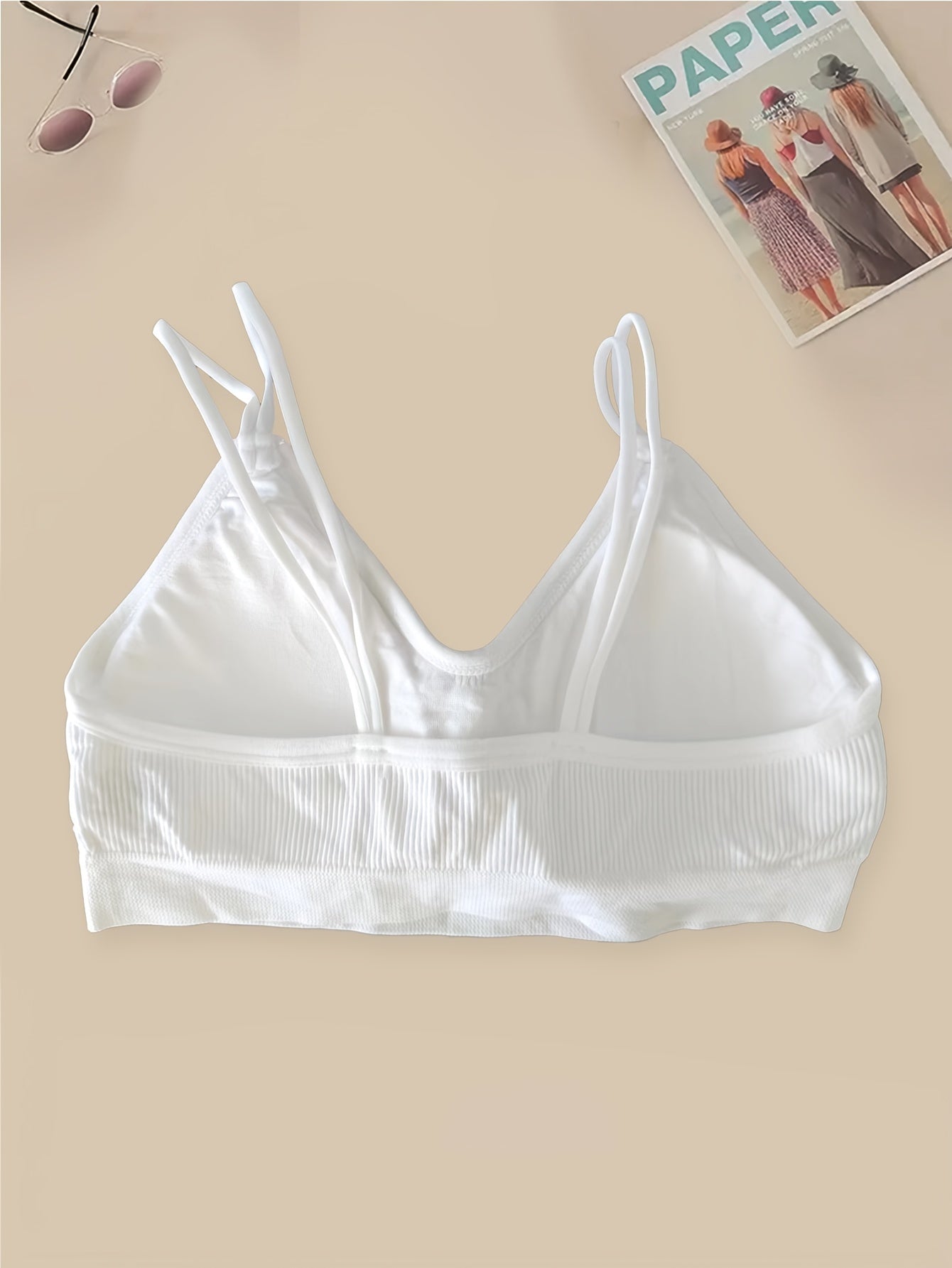 4pcs Solid Ribbed Wireless Bras Double Straps Women's Lingerie