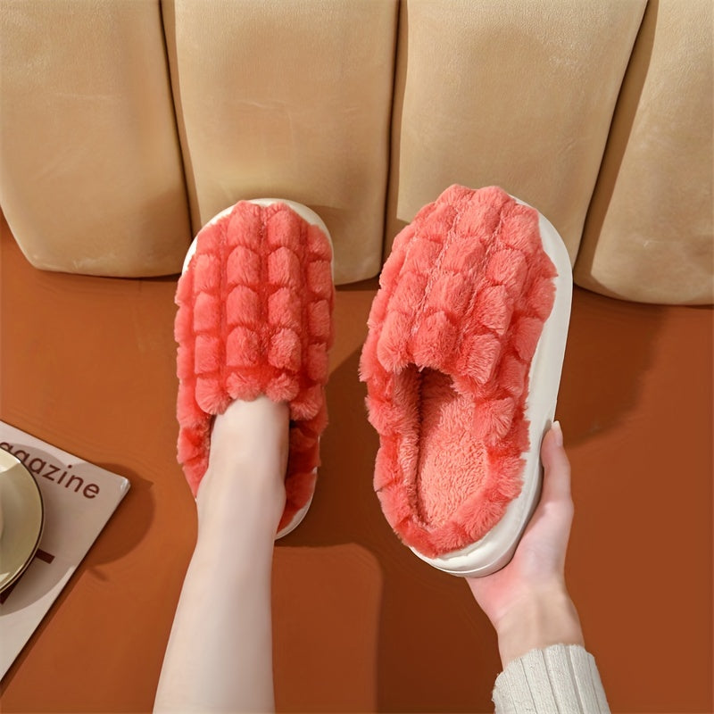 Fuzzy Plaid Platform Slippers Non Slip Indoor Shoes