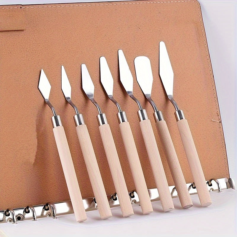 7pcs Stainless Steel Mixing Scrapers Art Spatula Wood Handle Watercolor Painting