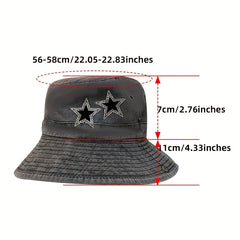 Distressed Bucket Hat Rhinestone Star Patch Cotton Lightweight Sunshad