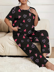 Leopard Cat Graphic Pajama Set Short Sleeve Tee & Wide Leg Pants