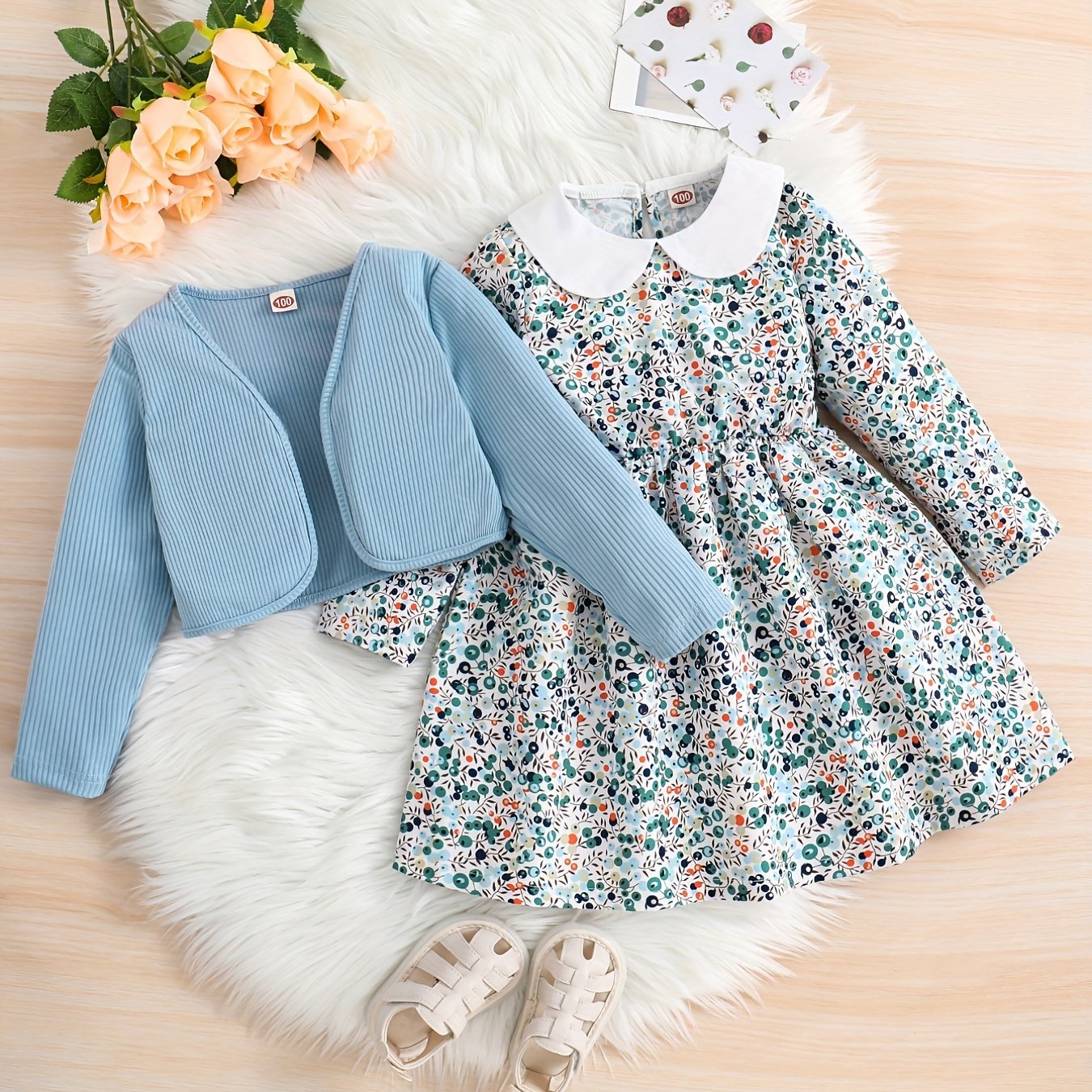 Girls 2pcs Long Sleeve Dress & Ribbed Cardigan Coat Set