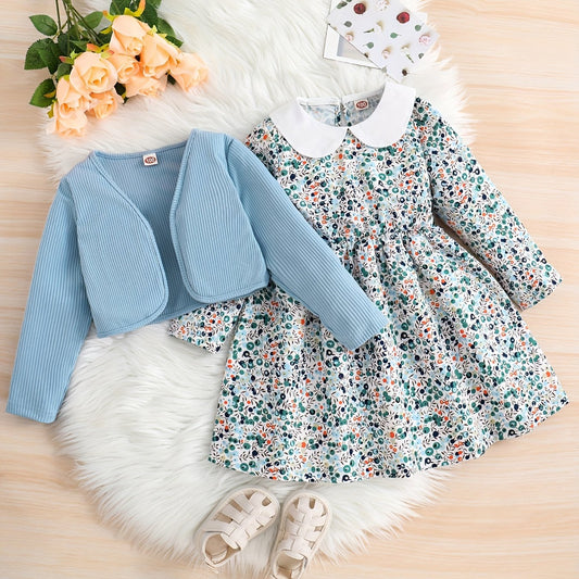 Girls 2pcs Long Sleeve Dress & Ribbed Cardigan Coat Set