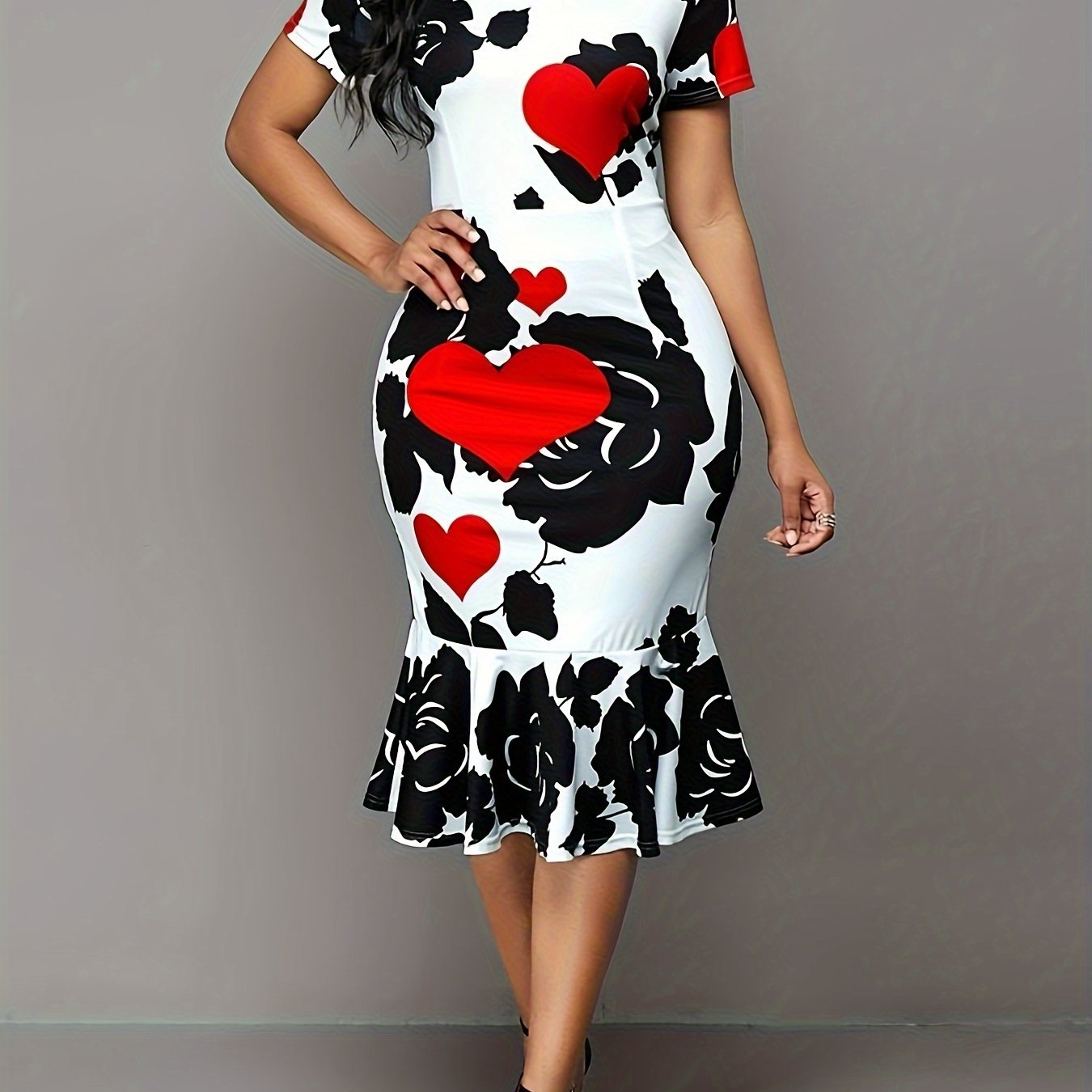 Women's Plus Floral & Heart Print Casual Dress Short Sleeve Round Neck