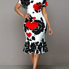 Women's Plus Floral & Heart Print Casual Dress Short Sleeve Round Neck